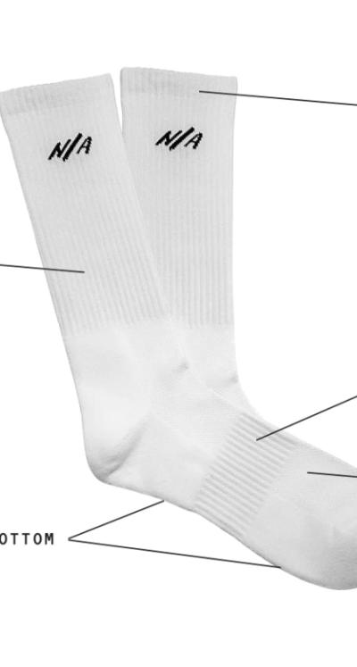 White Necessary Anywhere socks with details and features of the socks listed out