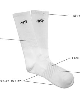 White Necessary Anywhere socks with details and features of the socks listed out