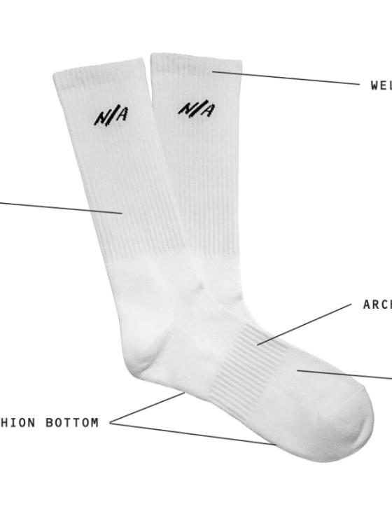 White Necessary Anywhere socks with details and features of the socks listed out