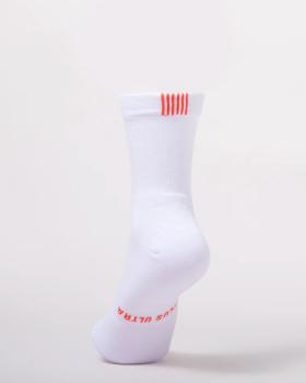 White Plus Ultra socks with a red print logo and six red stripes