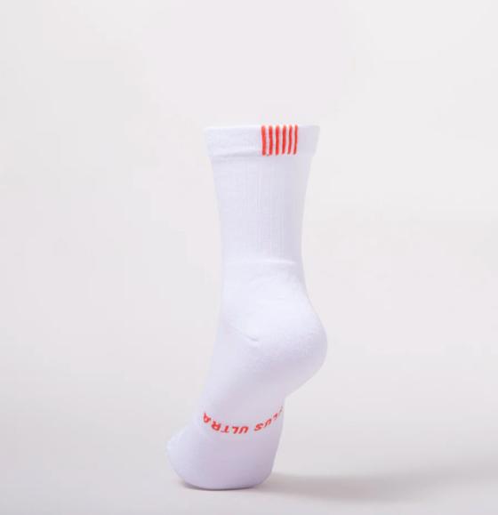 White Plus Ultra socks with a red print logo and six red stripes