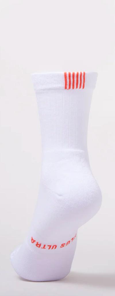 White Plus Ultra socks with a red print logo and six red stripes