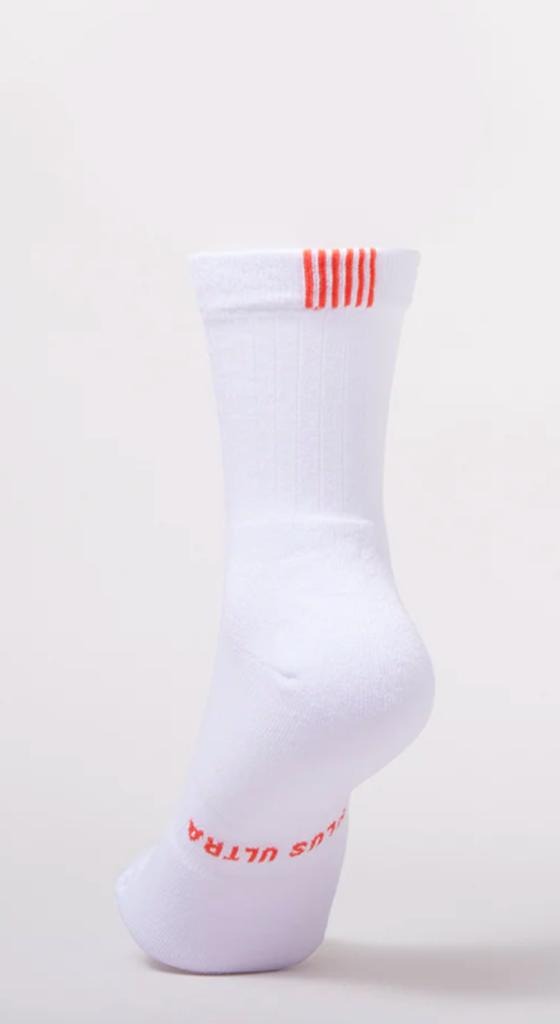 White Plus Ultra socks with a red print logo and six red stripes