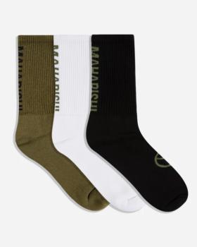 Green, white and blacks Marahishi crew socks on a white background