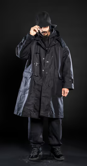 A man wearing all black including an Engineered Garments jacket, bucket hat, and pants.