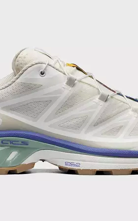 A white pair of Salomon Xt-6 shoes with purple and green details