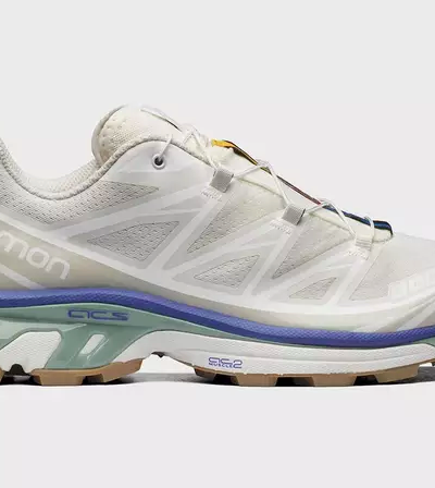 A white pair of Salomon Xt-6 shoes with purple and green details