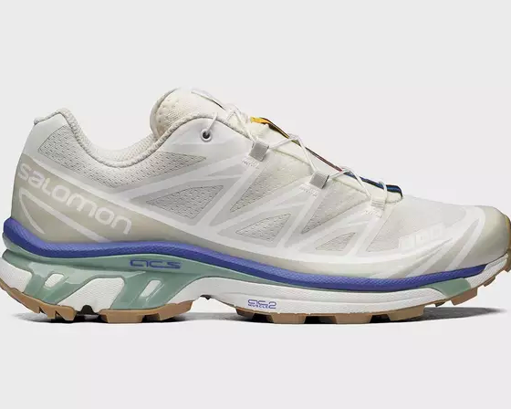 A white pair of Salomon Xt-6 shoes with purple and green details