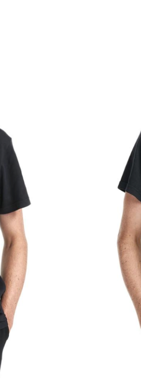 Craig Anderson in two different poses wearing a black Former t-shirt