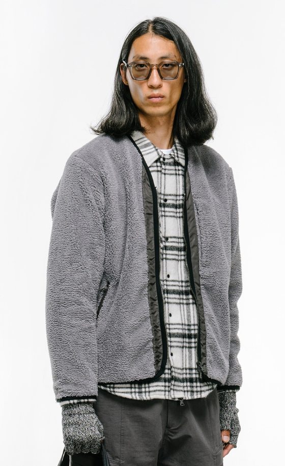 a man wearing a Haven grey fleece with a checkered button up and grey gloves