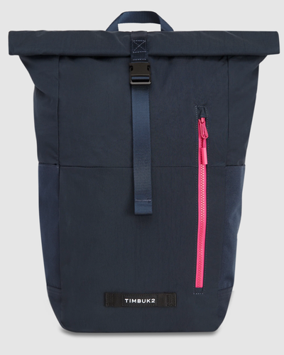 A black Timbuk2 backpack with a red zipper on a white background