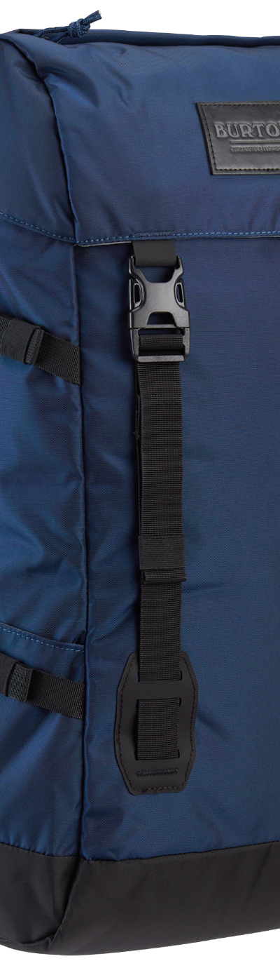 A navy blue Burton rucksack backpack on a white background