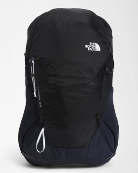 A black North Face travel bag on a white background
