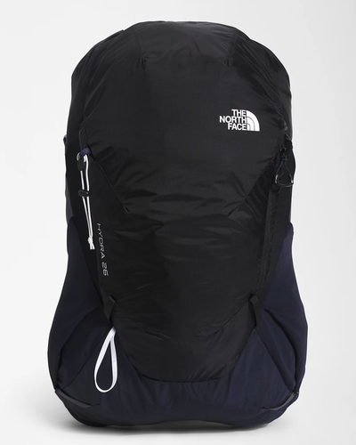 A black North Face travel bag on a white background