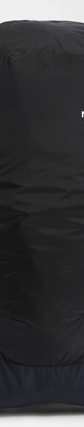 A black North Face travel bag on a white background