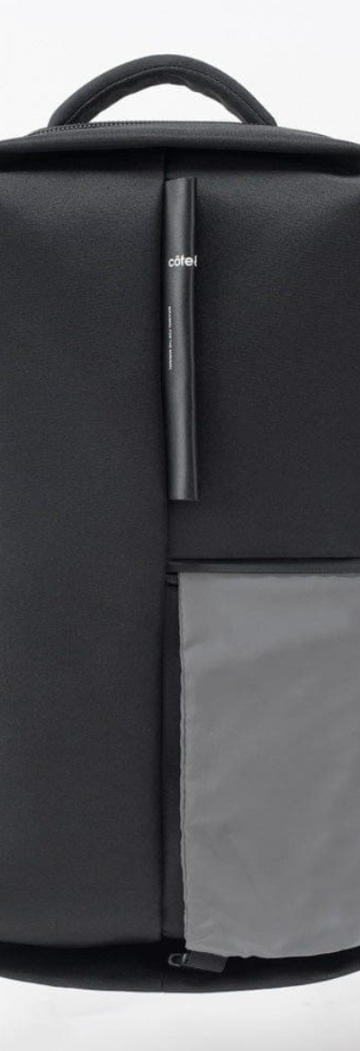 A futuristic looking black bag designed by Cote & Ciel on a white background