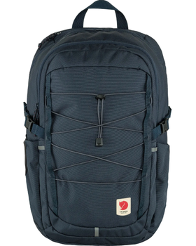 A navy blue Fjallraven backpack with a red logo on white background