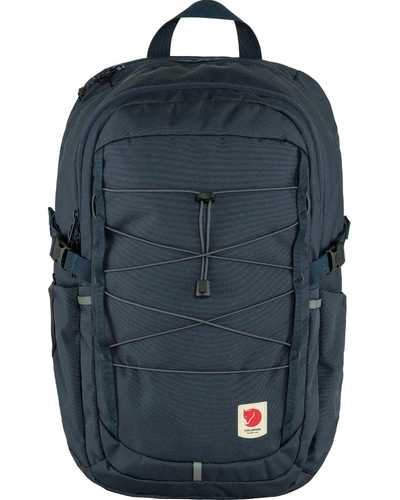 A navy blue Fjallraven backpack with a red logo on white background