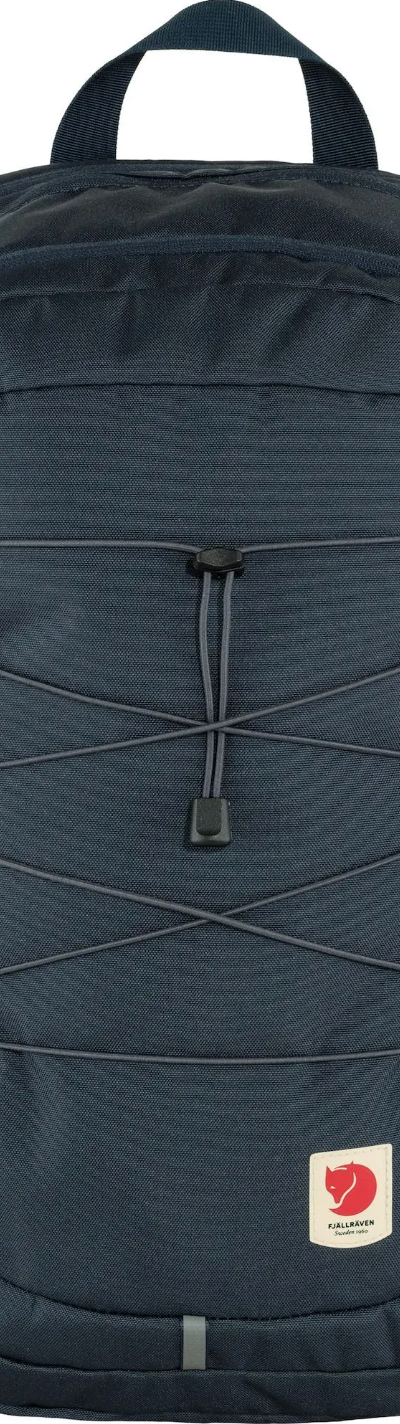 A navy blue Fjallraven backpack with a red logo on white background