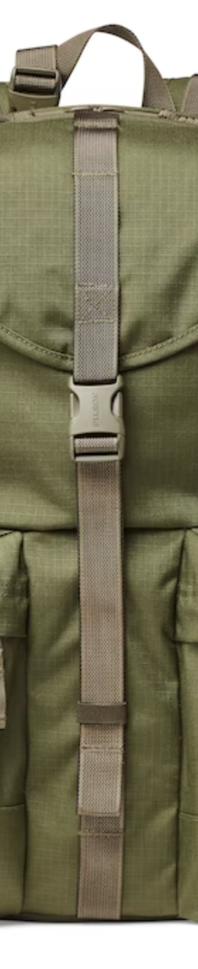 A army green Filson rucksack backpack on a white background
