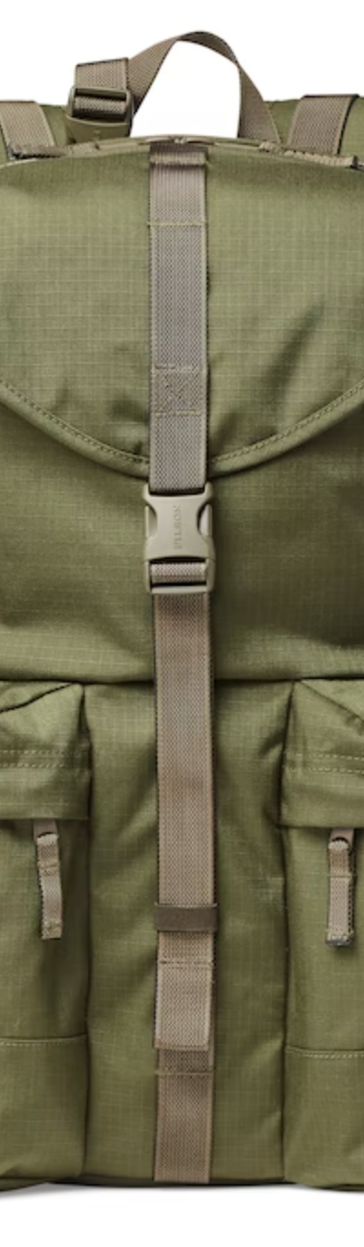 A army green Filson rucksack backpack on a white background