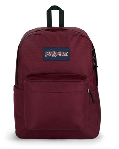 A dark red Jansport backpack with navy blue logo on a white background