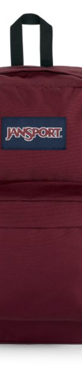 A dark red Jansport backpack with navy blue logo on a white background