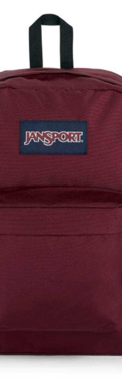 A dark red Jansport backpack with navy blue logo on a white background