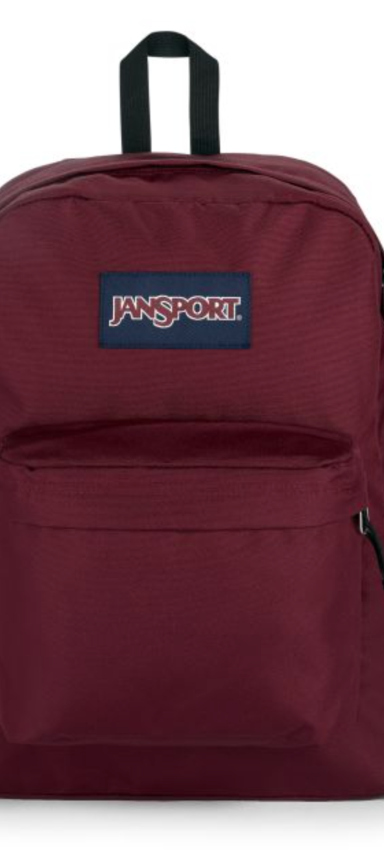 A dark red Jansport backpack with navy blue logo on a white background