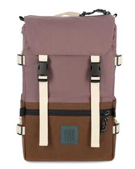 A brown and light purple rucksack backpack from Topo Designs on a white background