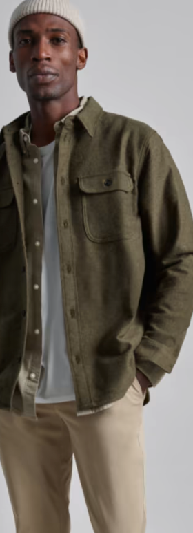 A man wearing a Olive Everlane overshirt, a white beanie and khaki pants