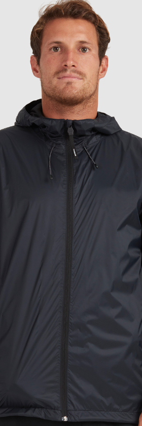 A man wearing a dark navy blue Quiksilver raincoat