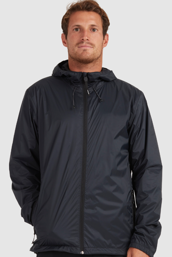 A man wearing a dark navy blue Quiksilver raincoat