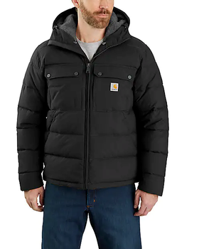 A man wearing a heavy-duty Carhartt black jacket and blue jeans