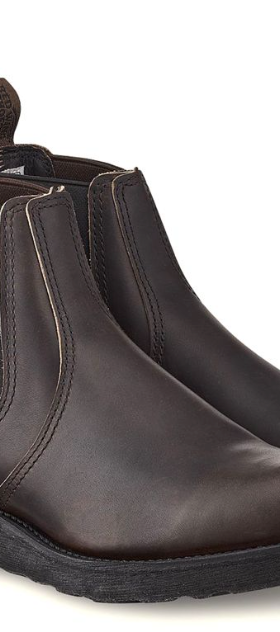 A brown pair of slip-on Redwing boots on a white background