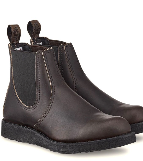 A brown pair of slip-on Redwing boots on a white background