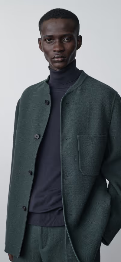 A man wearing a navy blue turtle neck with a wool green blazer by The Row