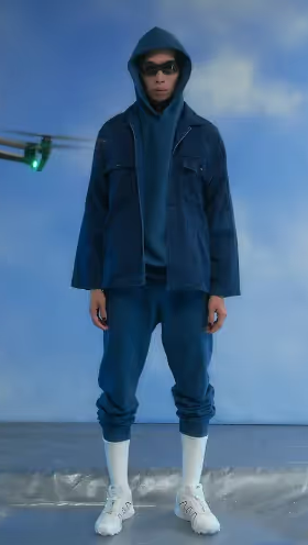 A man wearing a blue blue japan overcoat with a blue hoodie and blue sweatpants