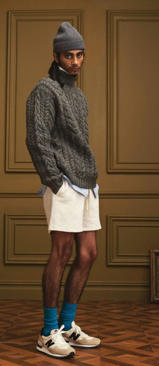 A man in a New Balance outfit with a dark grey fisherman sweater, a matching beanie and blue socks