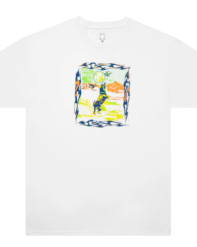 A close up of a WKND Skateboards white t-shirt with a colorful illustration