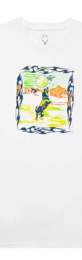 A close up of a WKND Skateboards white t-shirt with a colorful illustration