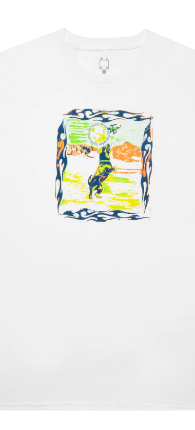 A close up of a WKND Skateboards white t-shirt with a colorful illustration