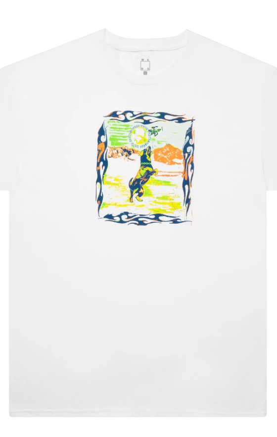 A close up of a WKND Skateboards white t-shirt with a colorful illustration