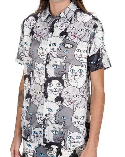 A close up of a Ripndip short-sleeve button up with cat print allover it