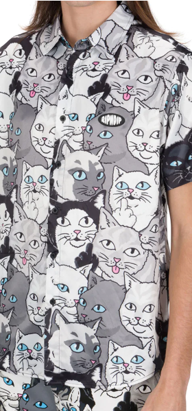 A close up of a Ripndip short-sleeve button up with cat print allover it