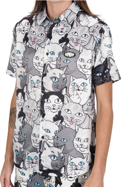A close up of a Ripndip short-sleeve button up with cat print allover it