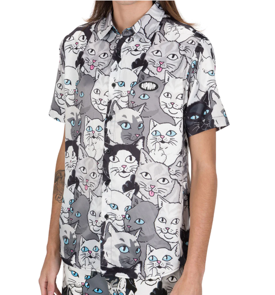 A close up of a Ripndip short-sleeve button up with cat print allover it
