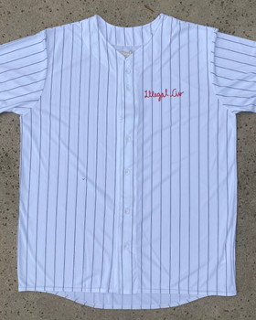 A baseball style illegal Civilization pinstripe shirt