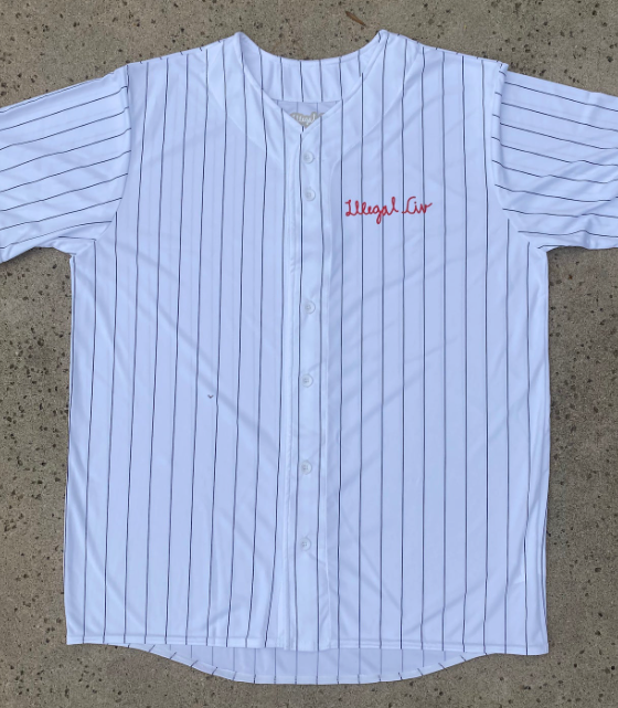 A baseball style illegal Civilization pinstripe shirt