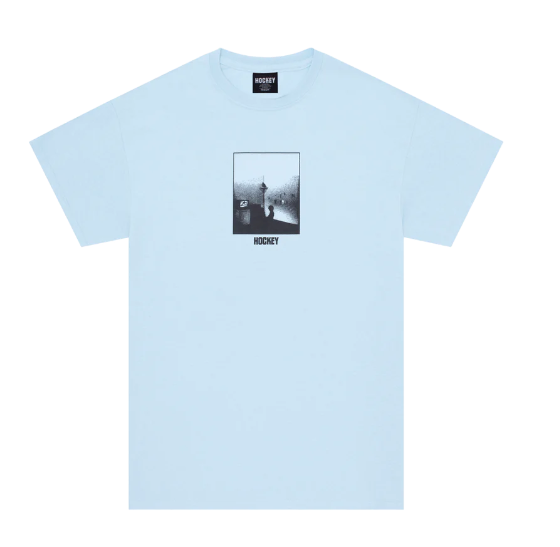 A baby blue Hockey Skateboards t-shirt with a logo and minimalist print